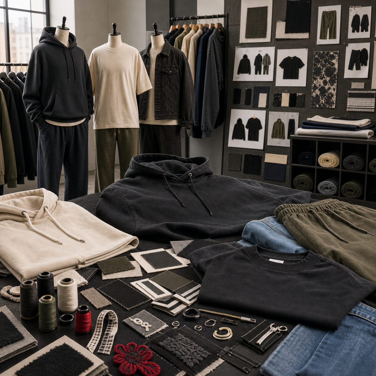 Premium streetwear fabric selection with heavyweight cotton, fleece, denim and cargo pant materials