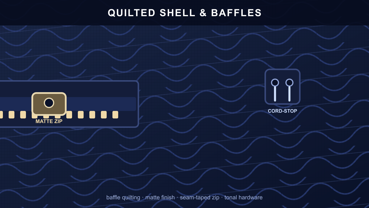 Shell and baffle detail: quilted channels, seam-taped zip and tonal drawcord hardware