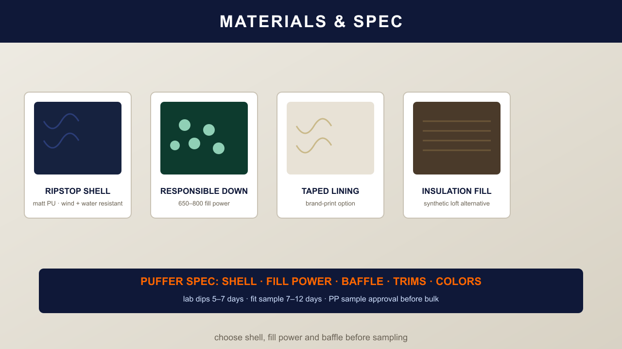 Material spec: ripstop shell, responsible down fill power, taped lining and synthetic insulation