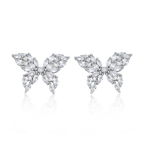 Orecchini a bottone a farfalla di lusso all'ingrosso | Orecchini a bottone in argento sterling 925 con zirconi cubici e temperamento per donna