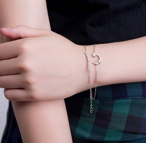 Bracciale a doppio strato con luna in oro 18k e argento sterling 925 all'ingrosso | Bracciale di alta gioielleria con zirconi raffinati ed eleganti per donna