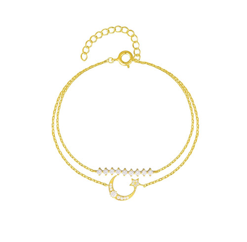 Bracciale a doppio strato con luna in oro 18k e argento sterling 925 all'ingrosso | Bracciale di alta gioielleria con zirconi raffinati ed eleganti per donna