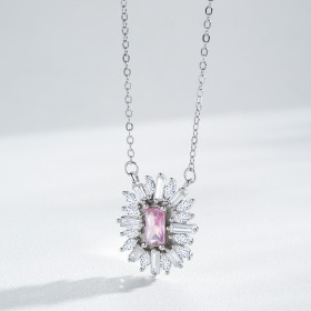 Customized Pink Square Zirconia Sunflower Necklace | Women 925 Silver Design Necklace