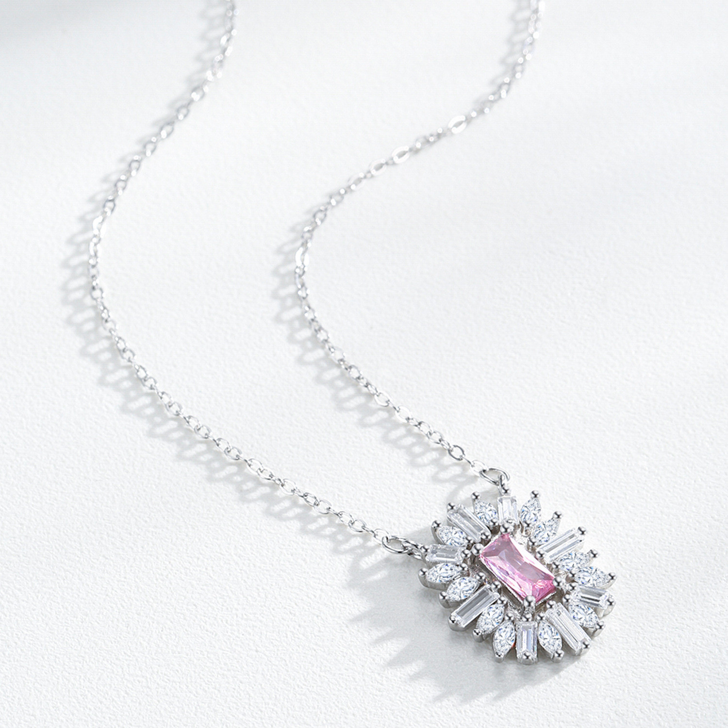 Pink Square Zirconia Sunflower Necklace