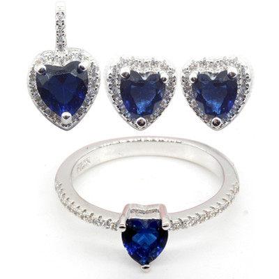 Nuovi eleganti set di gioielli da donna | Set di gioielli in argento 925 con zirconi e cuore in vetro blu