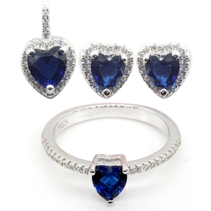 Nuovi eleganti set di gioielli da donna | Set di gioielli in argento 925 con zirconi e cuore in vetro blu