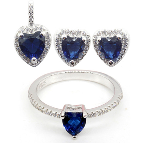 Novos conjuntos de joias femininas elegantes | Conjunto de joias de coração de vidro azul com zircônia e prata 925