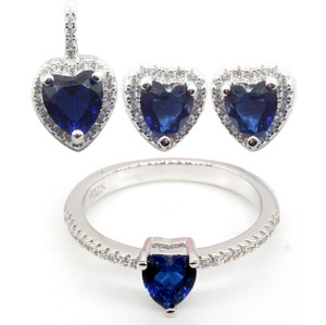 Novos conjuntos de joias femininas elegantes | Conjunto de joias de coração de vidro azul com zircônia e prata 925