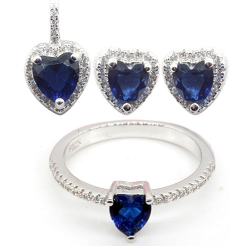 Nuovi eleganti set di gioielli da donna | Set di gioielli in argento 925 con zirconi e cuore in vetro blu