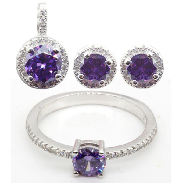 Set di gioielli di moda all'ingrosso | Set di gioielli classici in argento sterling 925 con zirconi e vetro viola per donna