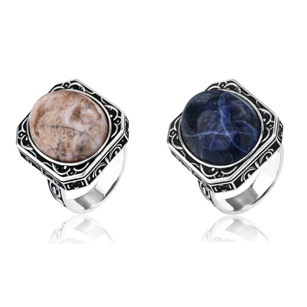 Wholesale Black Line Rhodonite Silver Ring | Men's Natural Blue Sodalite Ring