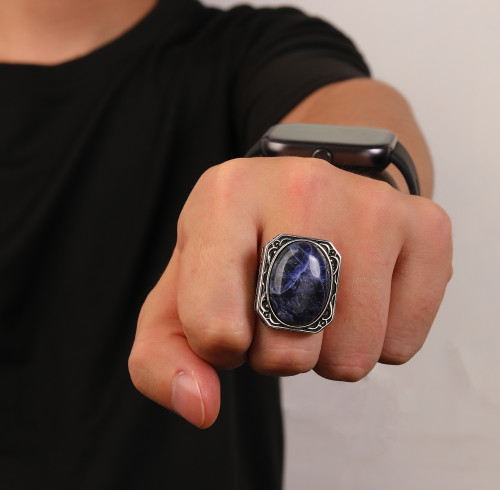 Wholesale Black Line Rhodonite Silver Ring | Men's Natural Blue Sodalite Ring