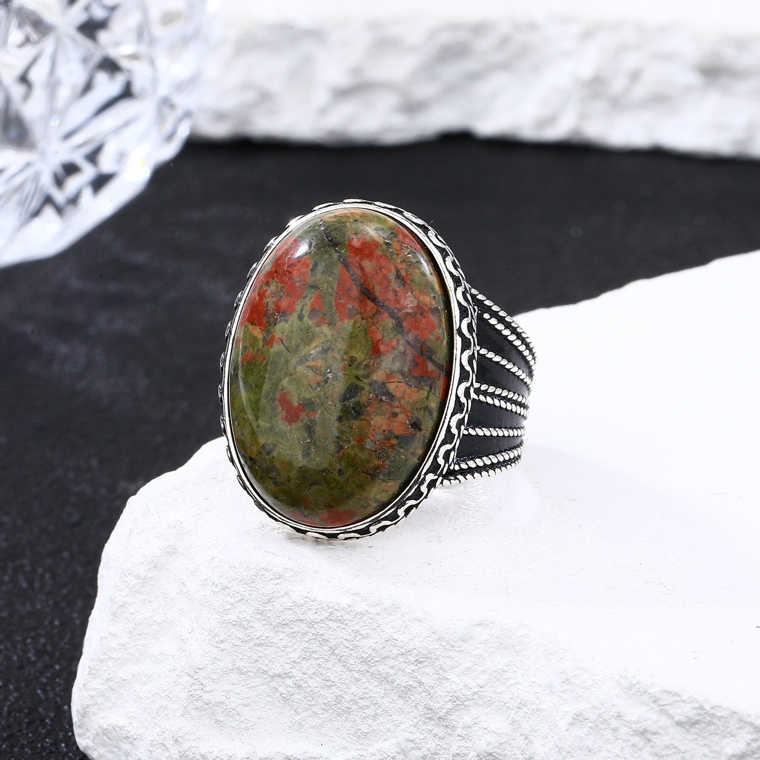 Flower Green Stone Rings