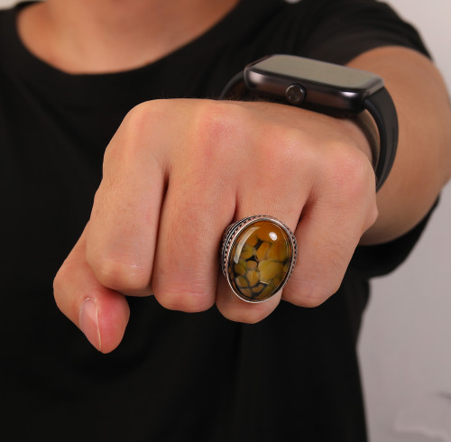 Hot Sale 925 Silver Dragon Agate Rings | Flash Stone Obsidian Personalized Mens Rings