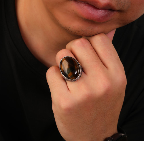 Factory Wholesale Men Silver Ring Jewelry | Fashion Retro opal Tiger Eye Stone Ring
