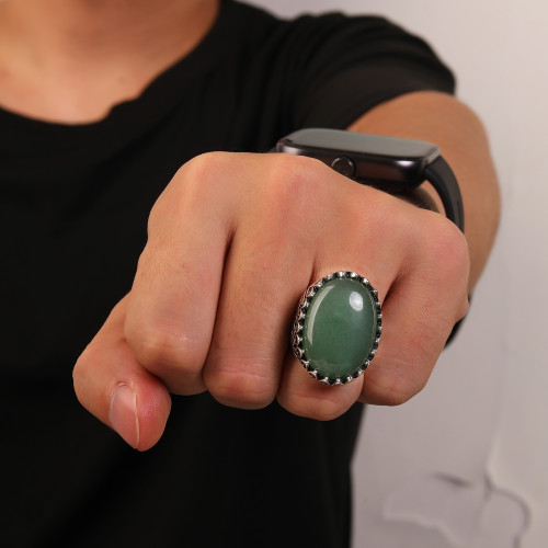 Custom Natural Stone Green Aventurine Vintage Ring | 925 Sterling Silver Rings For Men
