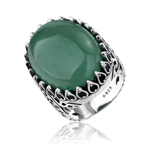 Custom Natural Stone Green Aventurine Vintage Ring | 925 Sterling Silver Rings For Men