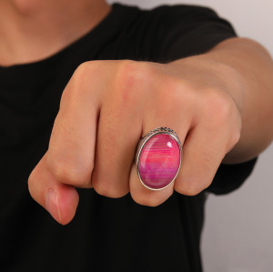 New Design 925 Sterling Silver Natural Red Striped Agate Ring | Simple Classic Silver Ring For Men