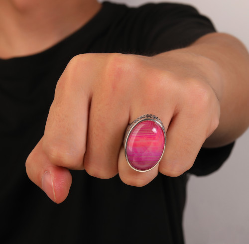 New Design 925 Sterling Silver Natural Pink Striped Agate Ring | Simple Classic Silver Ring For Men