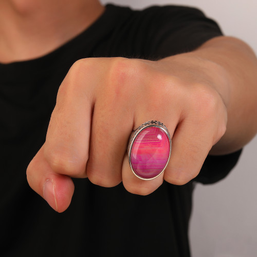 New Design 925 Sterling Silver Natural Red Striped Agate Ring | Simple Classic Silver Ring For Men