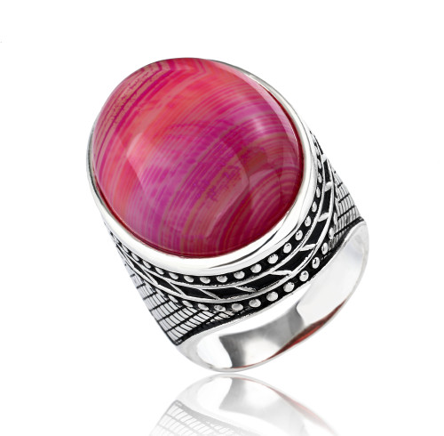 New Design 925 Sterling Silver Natural Red Striped Agate Ring | Simple Classic Silver Ring For Men