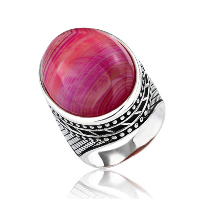 New Design 925 Sterling Silver Natural Red Striped Agate Ring | Simple Classic Silver Ring For Men
