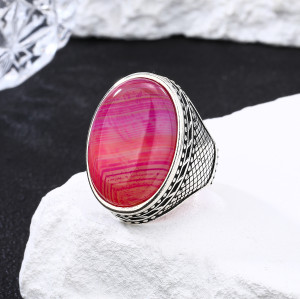 New Design 925 Sterling Silver Natural Pink Striped Agate Ring | Simple Classic Silver Ring For Men