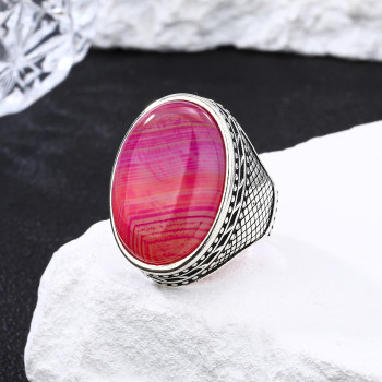 New Design 925 Sterling Silver Natural Pink Striped Agate Ring | Simple Classic Silver Ring For Men
