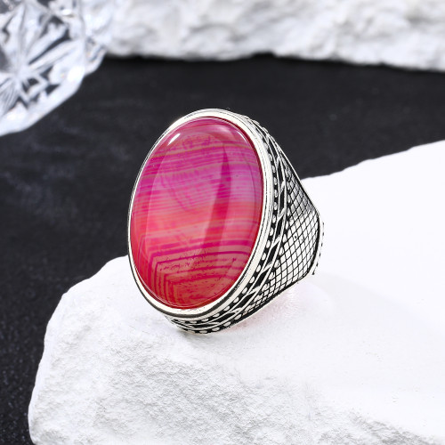 New Design 925 Sterling Silver Natural Red Striped Agate Ring | Simple Classic Silver Ring For Men