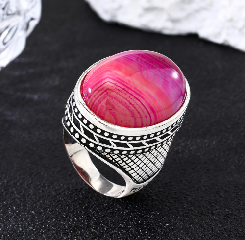 New Design 925 Sterling Silver Natural Red Striped Agate Ring | Simple Classic Silver Ring For Men