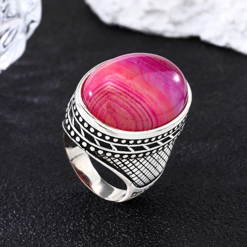 New Design 925 Sterling Silver Natural Red Striped Agate Ring | Simple Classic Silver Ring For Men