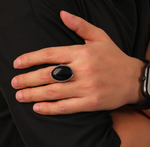Wholesale Vintage Mens Sterling Silver Rings | Natural Obsidian Trendy Rings For Gift
