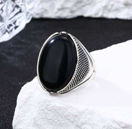 Wholesale Vintage Mens Sterling Silver Rings | Natural Obsidian Trendy Rings For Gift