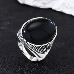 Wholesale Vintage Mens Sterling Silver Rings | Natural Obsidian Trendy Rings For Gift