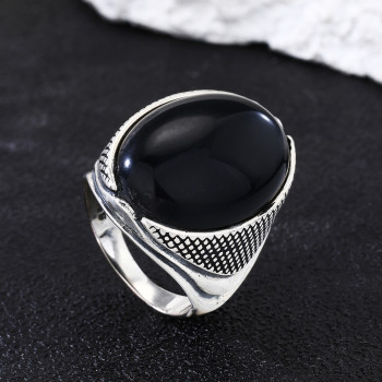 Wholesale Vintage Mens Sterling Silver Rings | Natural Obsidian Trendy Rings For Gift