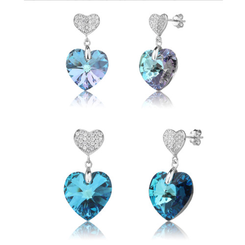 New Silver Crystal Heart Drop Earrings | High Quality 925 Silver Heart Rhinestone Earrings