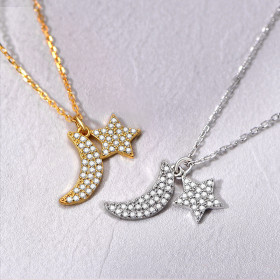 Wholesale 925 Sterling Silver Moon and Star Necklace | 18k Gold Moon and Star Pendant Necklace