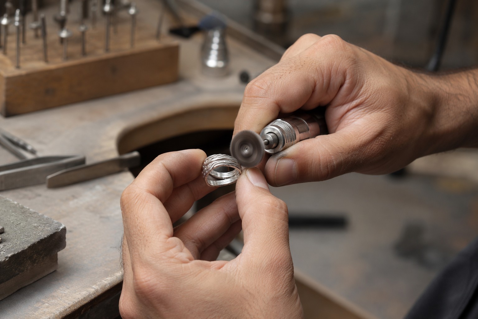 Jewelry artisan shaping a ring in a workshop