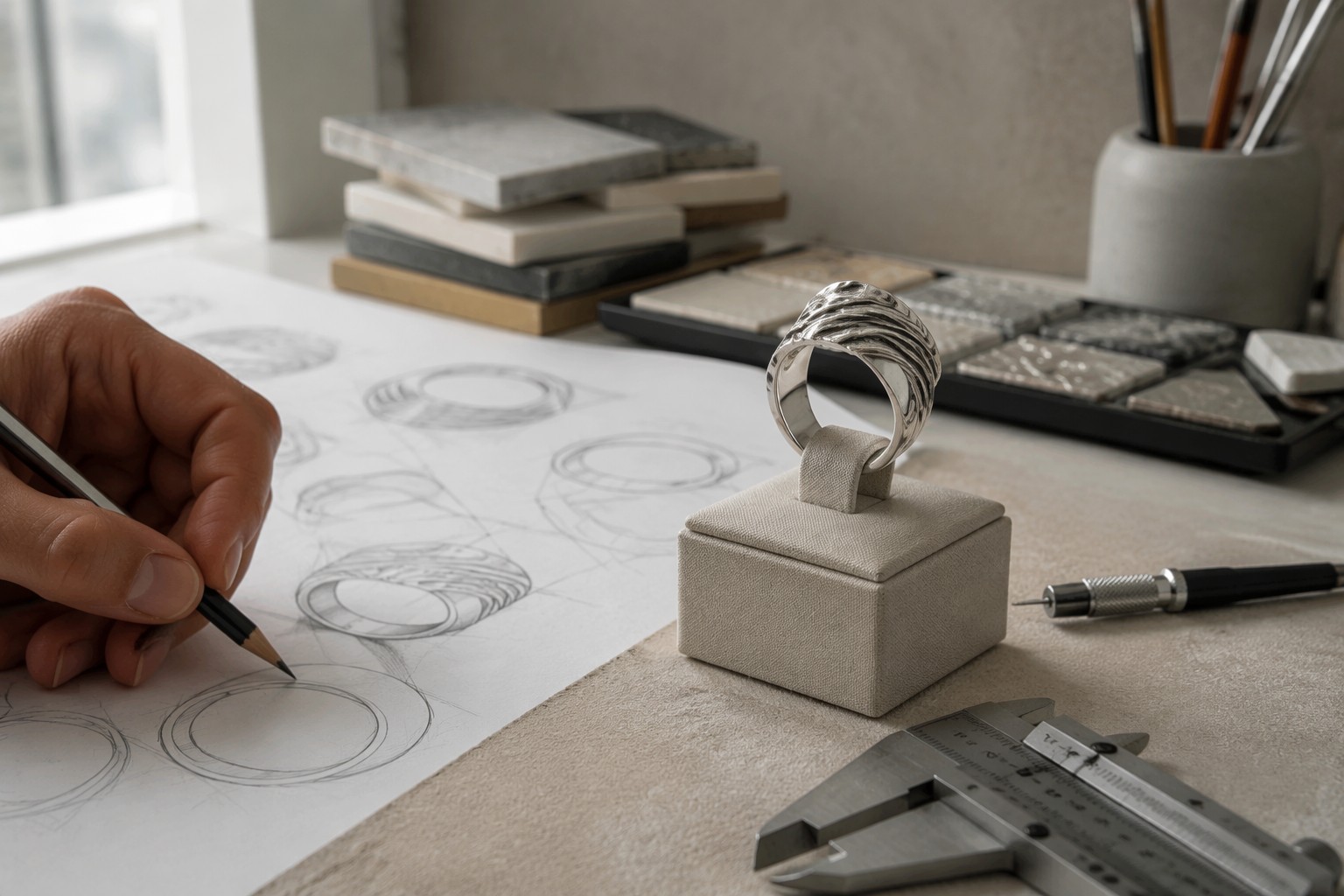 Jewelry maker filing a handmade ring at a workbench