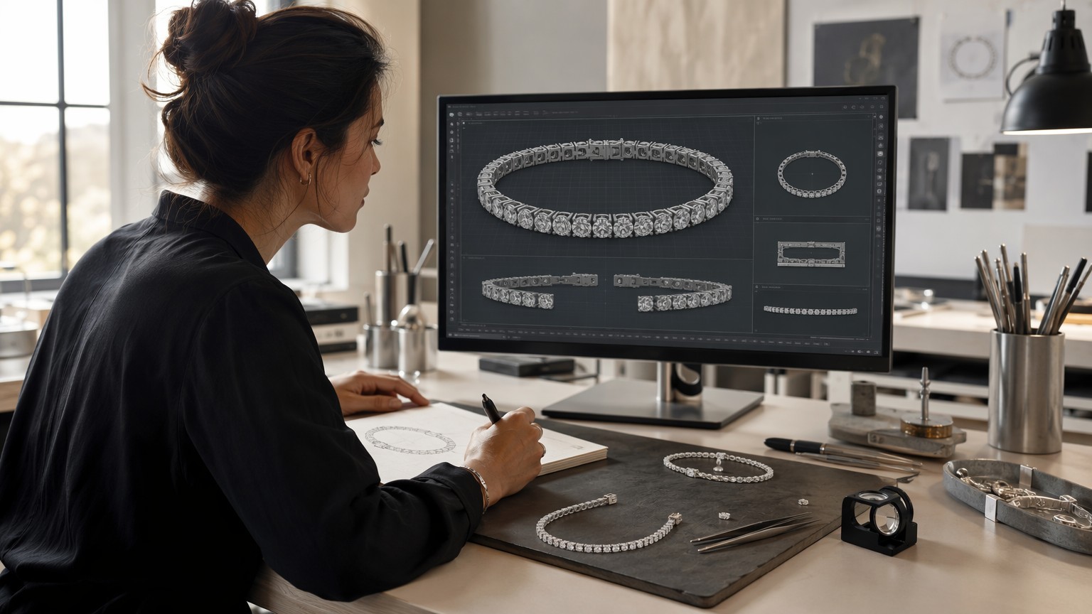 Jewelry designer reviewing a silver tennis bracelet concept at a CAD workstation