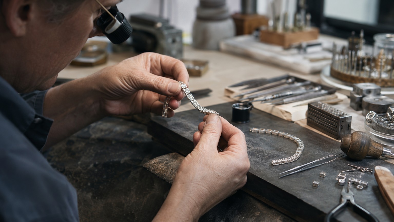 Craftsperson inspecting an early silver tennis bracelet prototype at a workbench