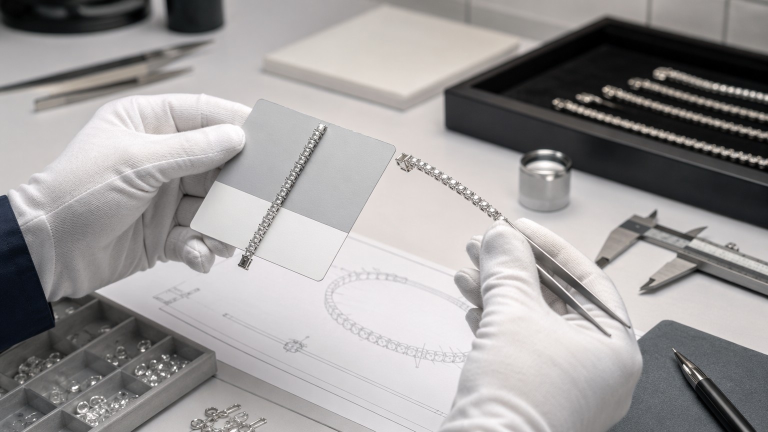 Quality inspection of a silver tennis bracelet sample with a caliper