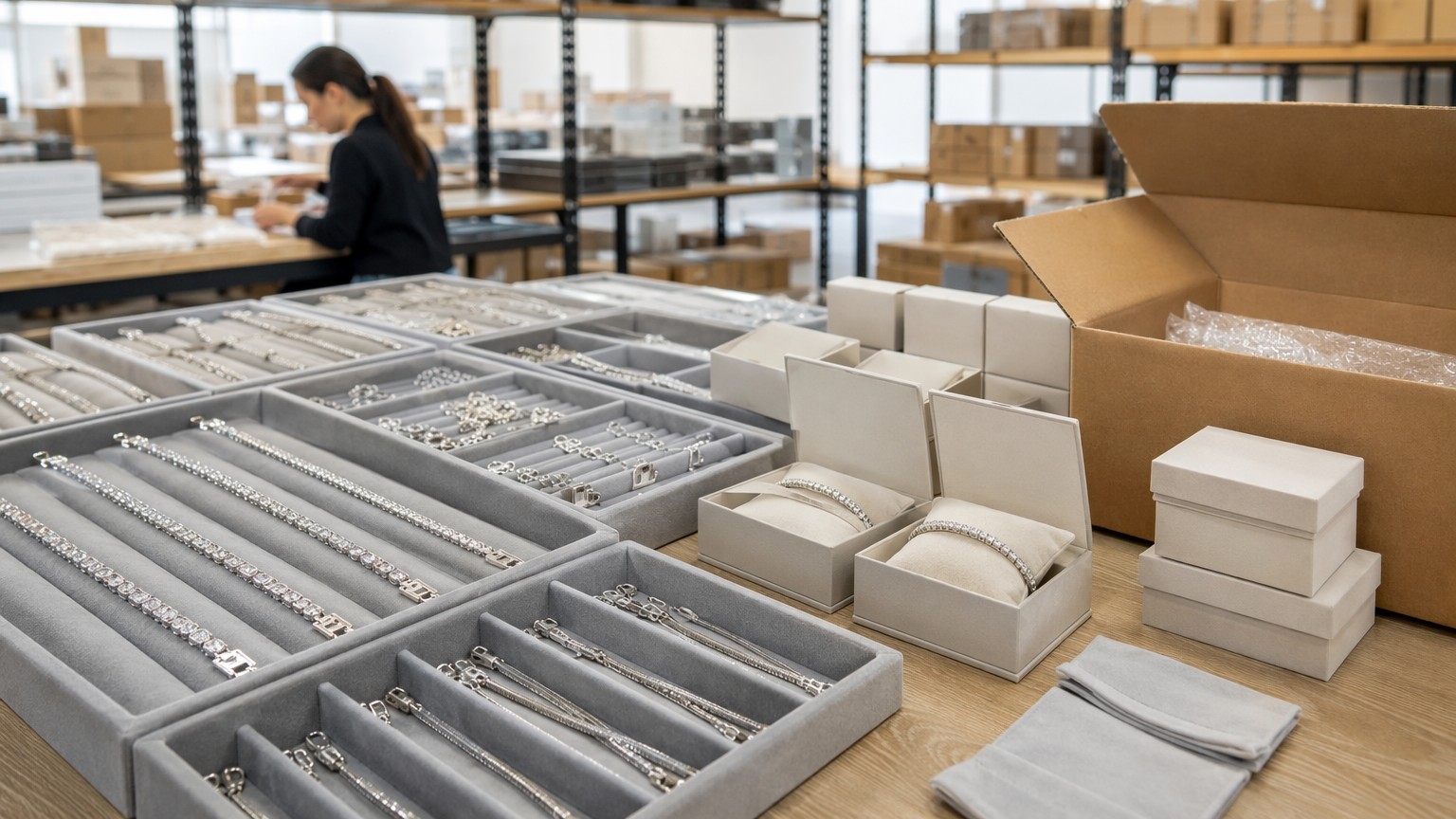 Organized silver jewelry production trays and shipping cartons in a fulfillment area