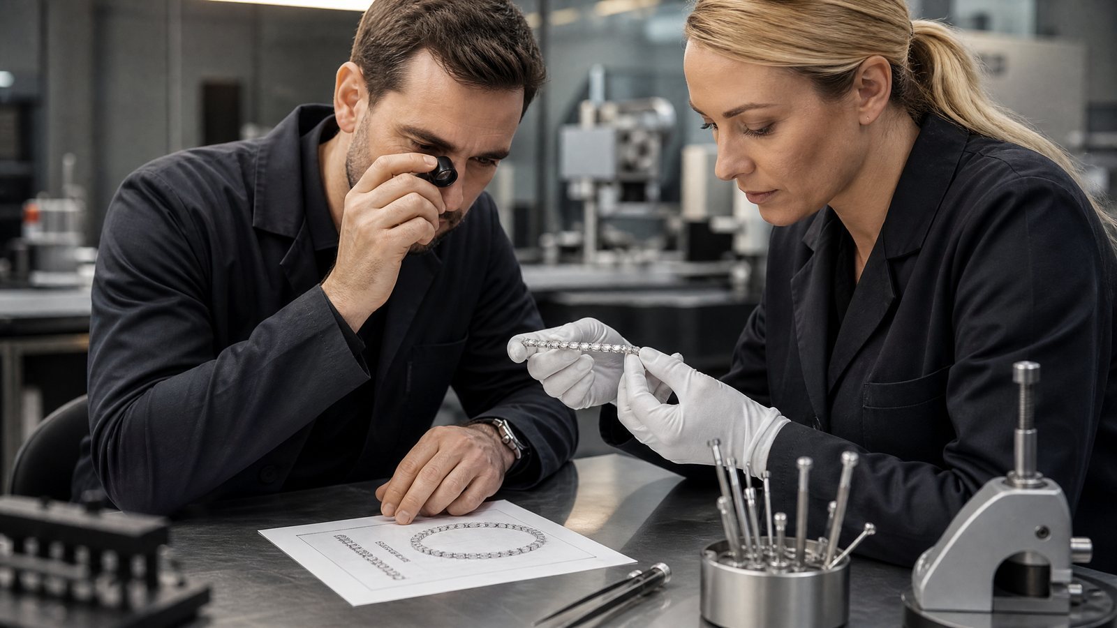 AphroSilver team inspecting a 925 sterling silver tennis bracelet sample