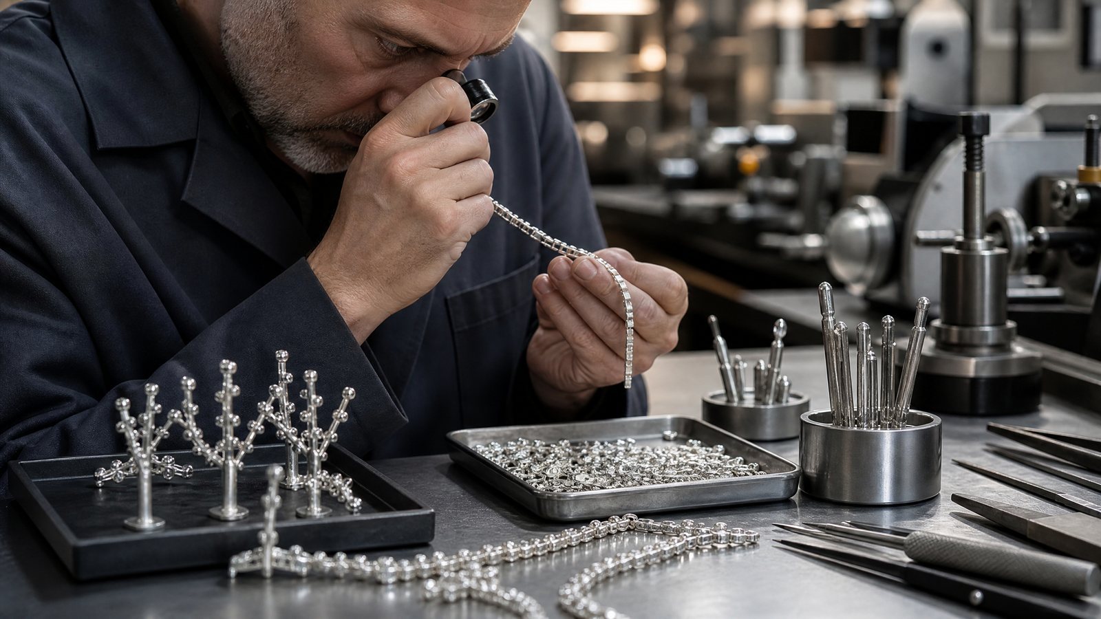 Cast and stamped sterling silver tennis bracelet components before polishing