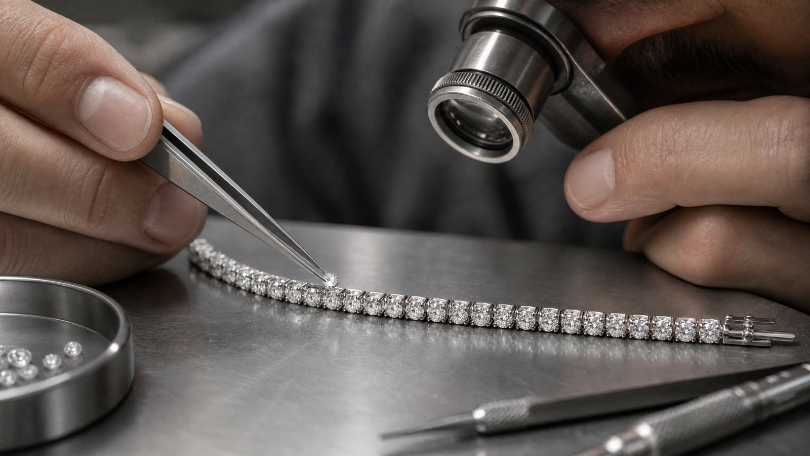 Jewelry setter checking stone position and prong alignment on a tennis bracelet