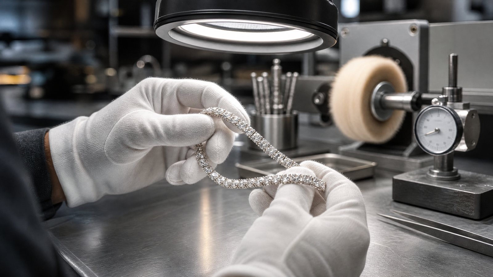 Finished sterling silver tennis bracelet undergoing final quality inspection
