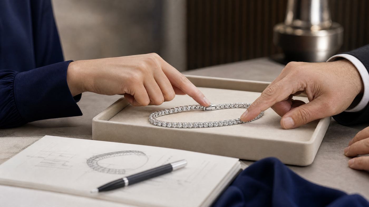 AphroSilver team reviewing a custom 925 silver tennis bracelet sample