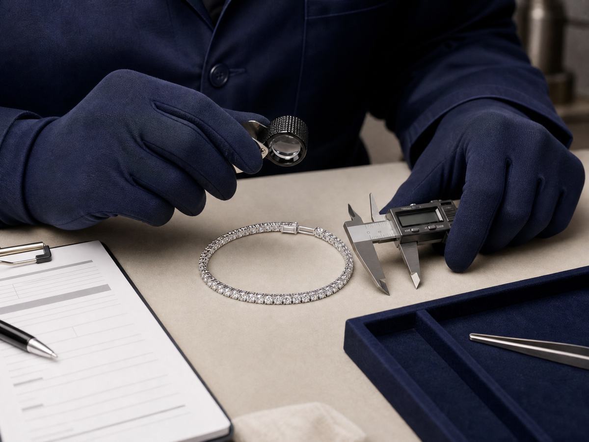 Quality inspection of a 925 silver tennis bracelet before export