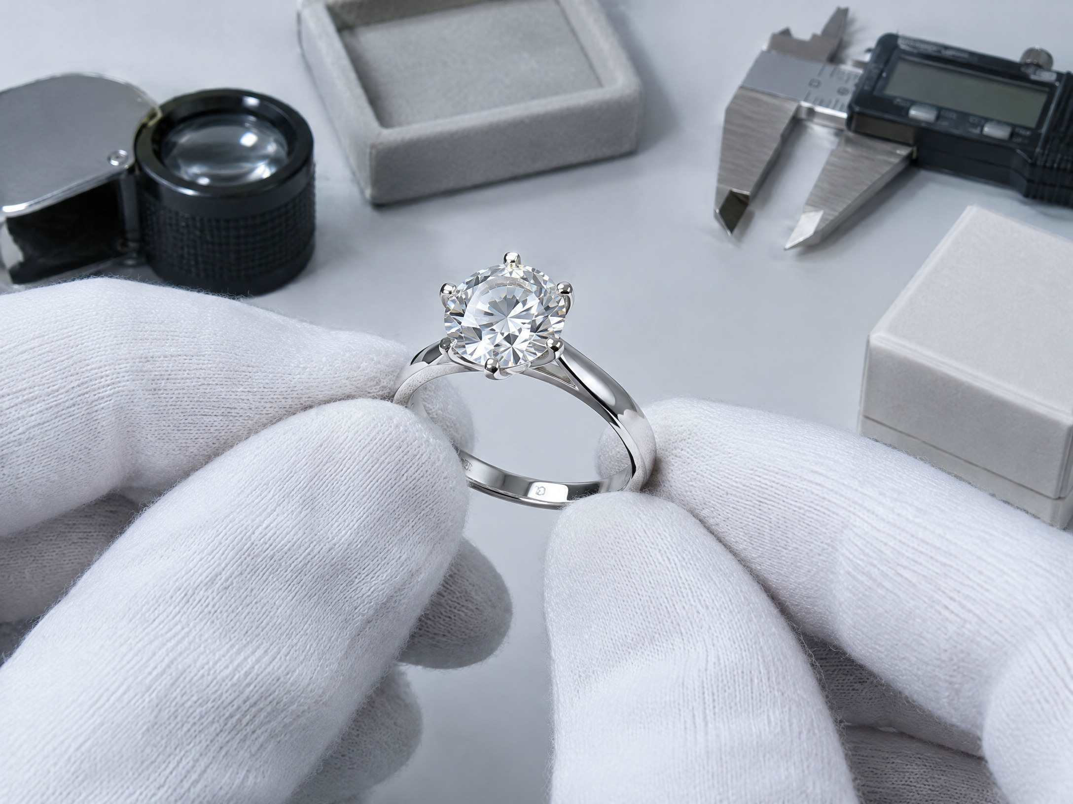 Jewelry quality inspection workspace for checking moissanite rings